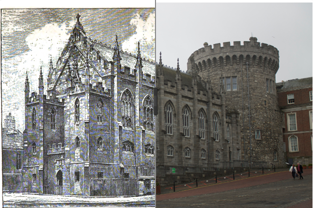 Image of Dublin Castle overlaid on modern photograph.
